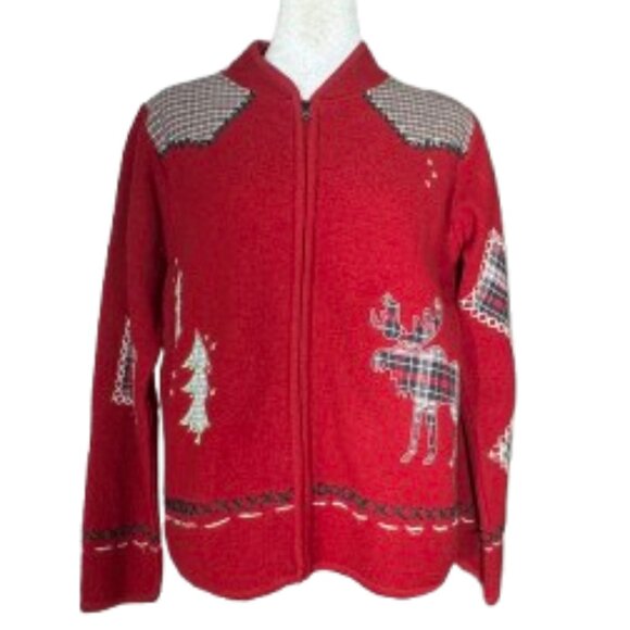 Coldwater Creek Jacket Women's Medium Red Wool Christmas Patchwork Full Zipper - Picture 1 of 7